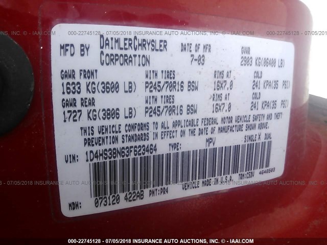 1D4HS38N63F623464 - 2003 DODGE DURANGO SPORT RED photo 9