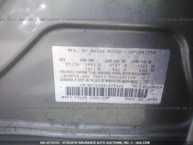 JM1BK143061476328 - 2006 MAZDA 3 HATCHBACK GRAY photo 9