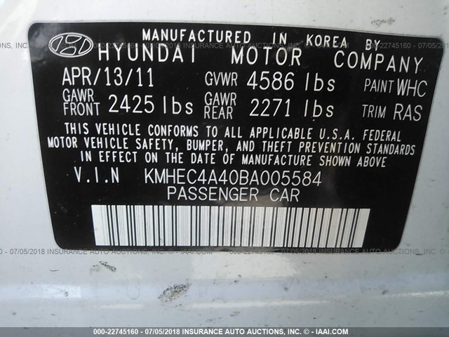 KMHEC4A40BA005584 - 2011 HYUNDAI SONATA HYBRID WHITE photo 9