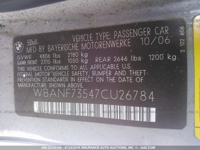 WBANF73547CU26784 - 2007 BMW 530 XI GRAY photo 9