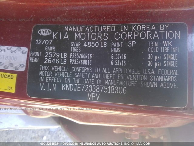 KNDJE723387518306 - 2008 KIA SPORTAGE EX/LX RED photo 9