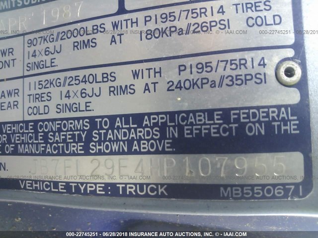 JB7FL29E4HP107955 - 1987 DODGE RAM 50 BLUE photo 9