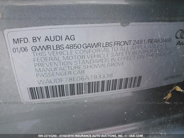 WAUDF78E06A193338 - 2006 AUDI A4 2.0T QUATTRO SILVER photo 9