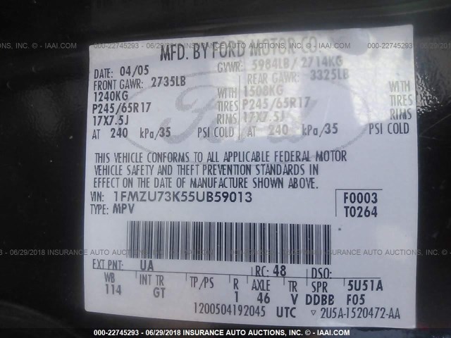 1FMZU73K55UB59013 - 2005 FORD EXPLORER XLT/XLT SPORT/NBX 黑色 照片 9