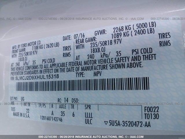 5LMCJ2D9XHUL15318 - 2017 LINCOLN MKC SELECT WHITE photo 9