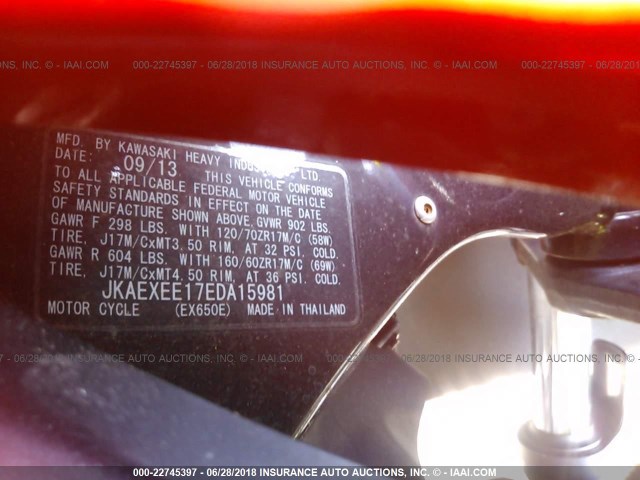 JKAEXEE17EDA15981 - 2014 KAWASAKI EX650 E ORANGE photo 10