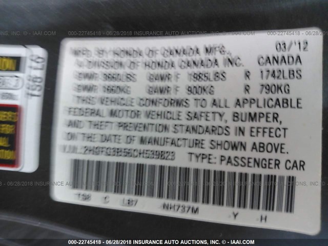 2HGFG3B56CH539823 - 2012 HONDA CIVIC LX 灰色 照片 9