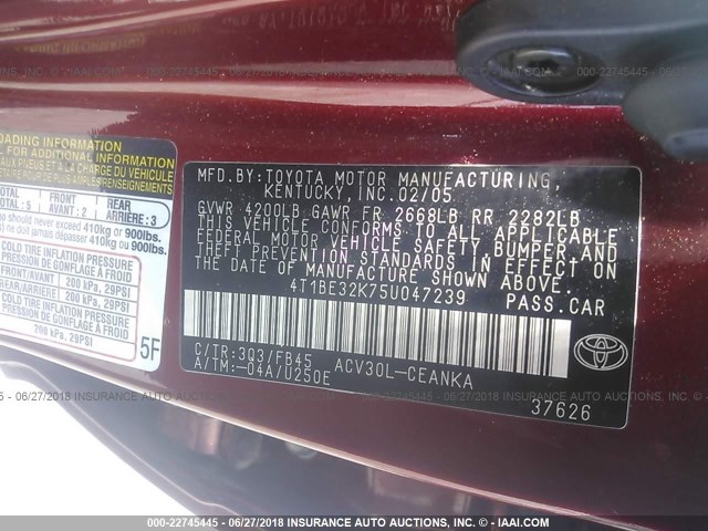 4T1BE32K75U047239 - 2005 TOYOTA CAMRY LE/XLE/SE წითელი ფოტო 9