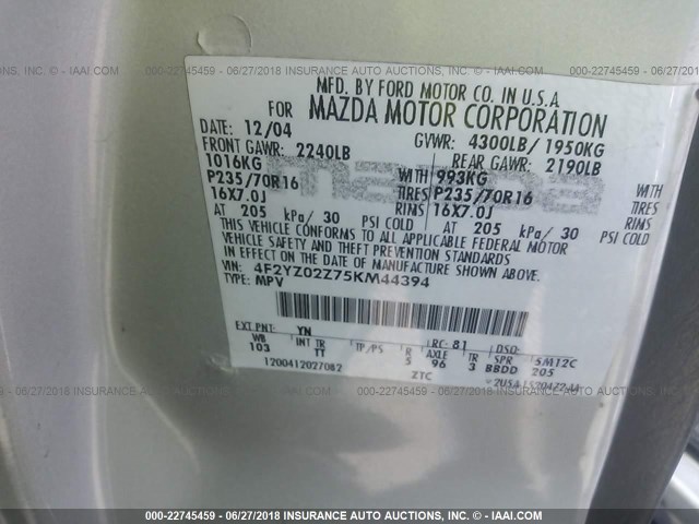 4F2YZ02Z75KM44394 - 2005 MAZDA TRIBUTE I SILVER photo 9