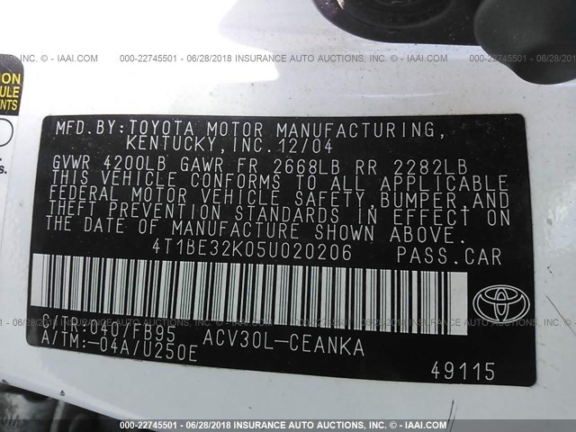 4T1BE32K05U020206 - 2005 TOYOTA CAMRY LE/XLE/SE 白色 照片 9