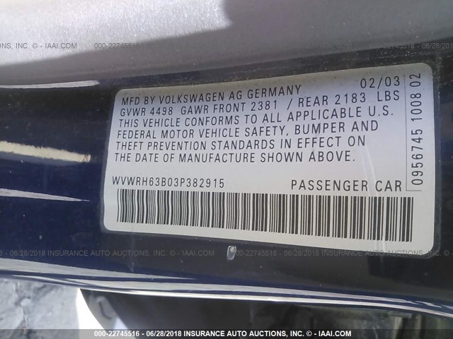 WVWRH63B03P382915 - 2003 VOLKSWAGEN PASSAT GLX 蓝色 照片 9