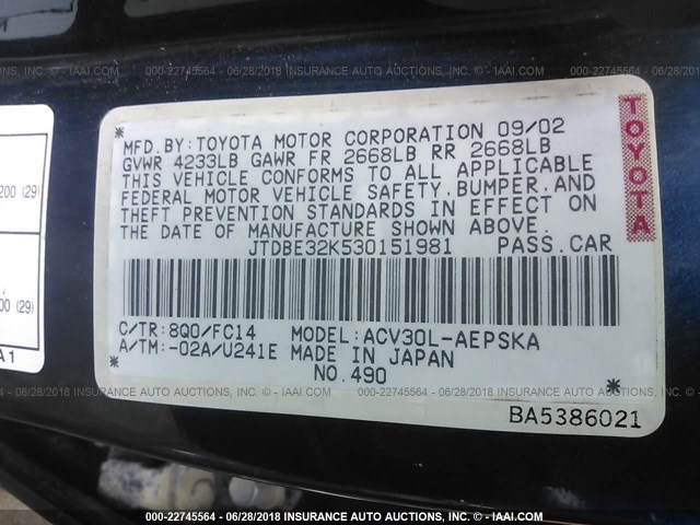 JTDBE32K530151981 - 2003 TOYOTA CAMRY LE/XLE Dark Blue photo 9