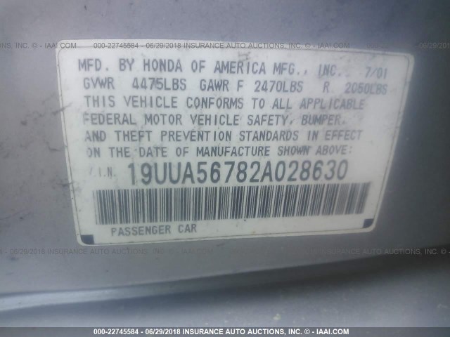 19UUA56782A028630 - 2002 ACURA 3.2TL BLACK photo 9