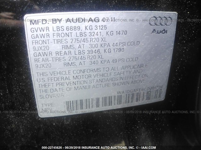 WA1DGAFE8CD001734 - 2012 AUDI Q7 PRESTIGE BLACK photo 9