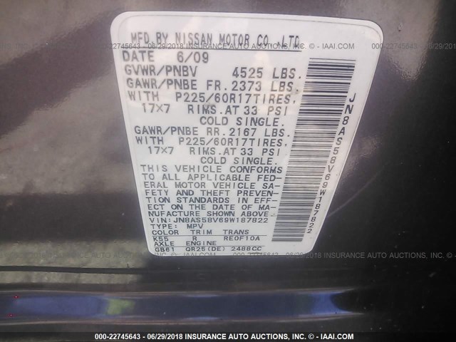 JN8AS58V69W187822 - 2009 NISSAN ROGUE S/SL GRAY photo 9