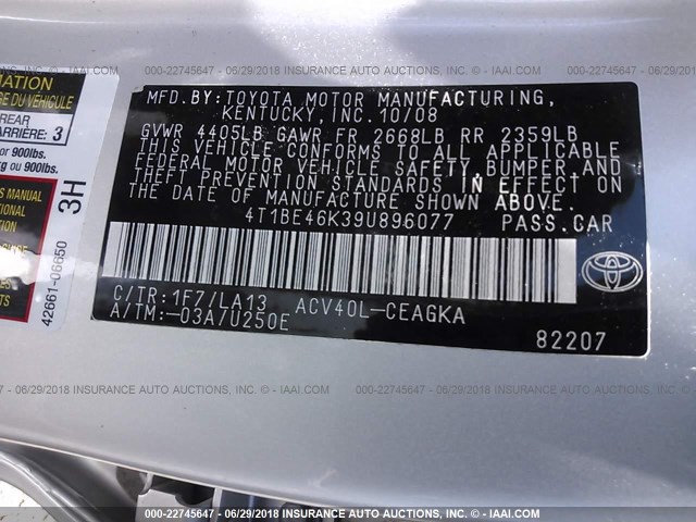 4T1BE46K39U896077 - 2009 TOYOTA CAMRY SE/LE/XLE SILVER photo 9