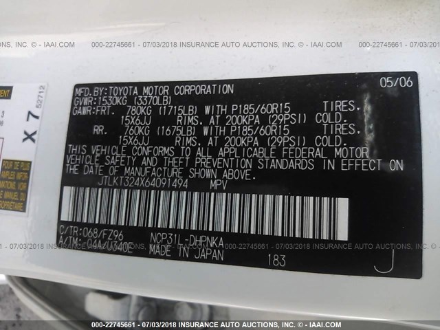 JTLKT324X64091494 - 2006 TOYOTA SCION XB Ağ foto 9