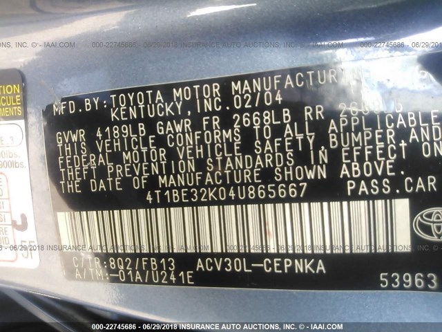 4T1BE32K04U865667 - 2004 TOYOTA CAMRY LE/XLE/SE Mavi foto 9
