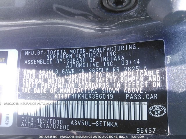 4T4BF1FK4ER396019 - 2014 TOYOTA CAMRY L/SE/LE/XLE 灰色 照片 9