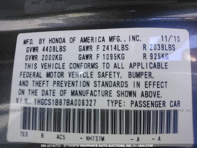 1HGCS1B87BA006327 - 2011 HONDA ACCORD EXL GRAY photo 9