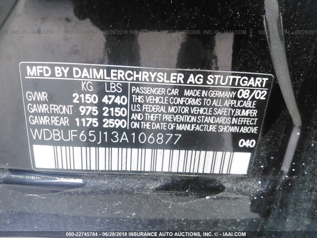 WDBUF65J13A106877 - 2003 MERCEDES-BENZ E 320 BLACK photo 9