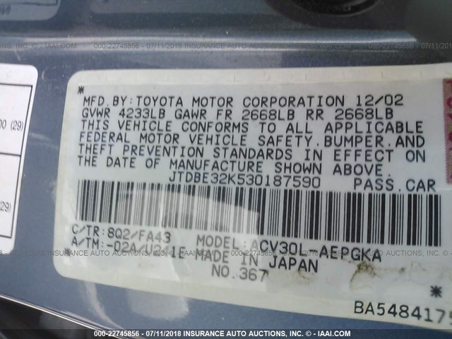 JTDBE32K530187590 - 2003 TOYOTA CAMRY LE/XLE BLUE photo 9