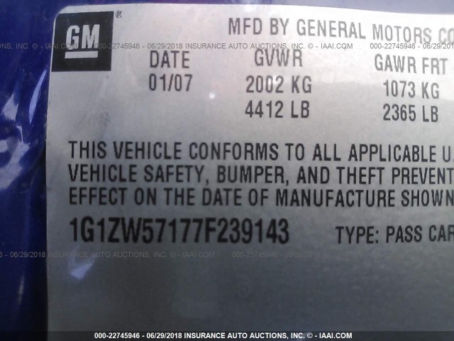 1G1ZW57177F239143 - 2007 CHEVROLET MALIBU SS ლურჯი ფოტო 9