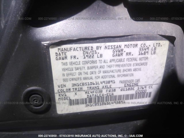 3N1CB51D61L493891 - 2001 NISSAN SENTRA XE/GXE GRAY photo 9