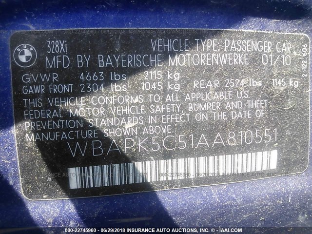 WBAPK5C51AA810551 - 2010 BMW 328 XI SULEV BLUE photo 9