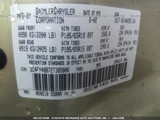 3C4FY48B72T385806 - 2002 CHRYSLER PT CRUISER CLASSIC 金色 照片 9