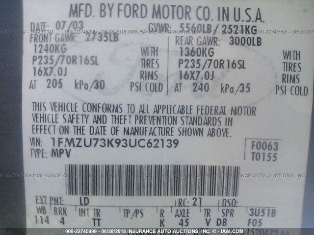 1FMZU73K93UC62139 - 2003 FORD EXPLORER XLT/XLT SPORT/NBX 蓝色 照片 9