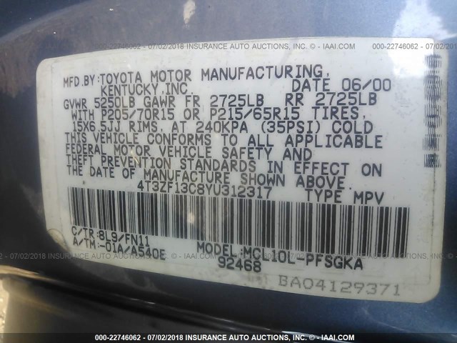 4T3ZF13C8YU312317 - 2000 TOYOTA SIENNA LE/XLE BLUE photo 9