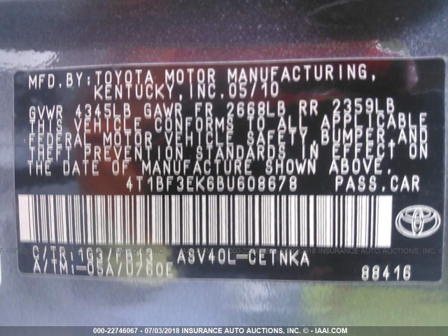 4T1BF3EK6BU608678 - 2011 TOYOTA CAMRY SE/LE/XLE GRAY photo 9