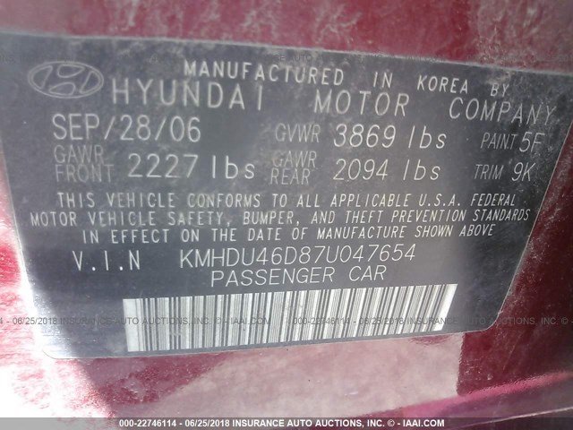 KMHDU46D87U047654 - 2007 HYUNDAI ELANTRA GLS/SE/LIMITED RED photo 9