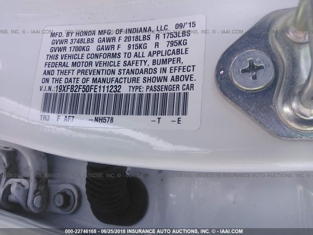 19XFB2F50FE111232 - 2015 HONDA CIVIC LX WHITE photo 9