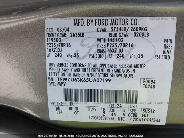 1FMZU63K65UA07199 - 2005 FORD EXPLORER XLT/XLT SPORT/NBX 金色 照片 9