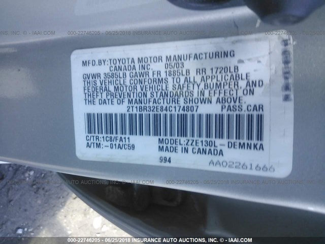 2T1BR32E84C174807 - 2004 TOYOTA COROLLA CE/LE/S SILVER photo 9