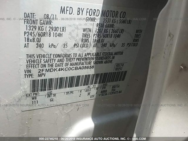 2FMDK4KC0CBA05658 - 2012 FORD EDGE LIMITED WHITE photo 9