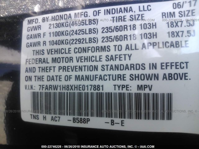 7FARW1H8XHE017881 - 2017 HONDA CR-V EXL BLUE photo 9