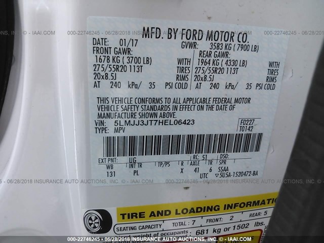 5LMJJ3JT7HEL06423 - 2017 LINCOLN NAVIGATOR L/SELECT თეთრი ფოტო 9