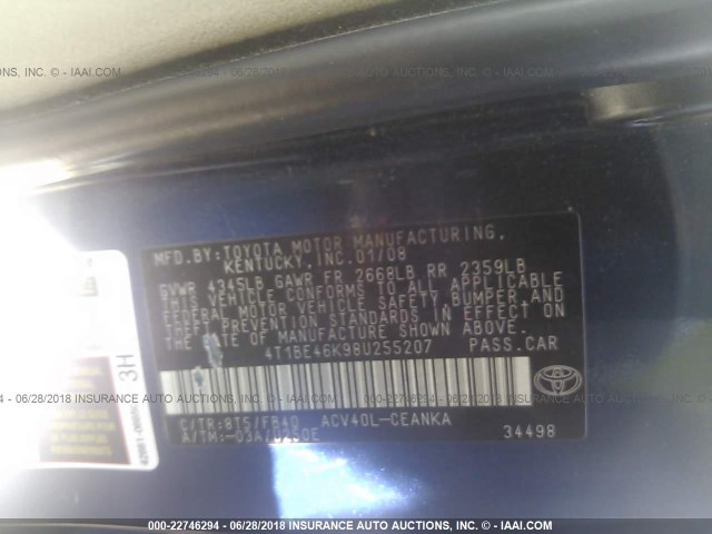 4T1BE46K98U255207 - 2008 TOYOTA CAMRY CE/LE/XLE/SE BLUE photo 9
