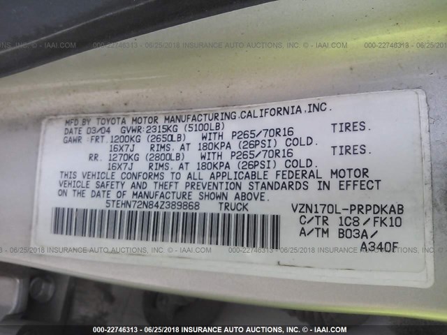 5TEHN72N84Z389868 - 2004 TOYOTA TACOMA DOUBLE CAB 银色 照片 9