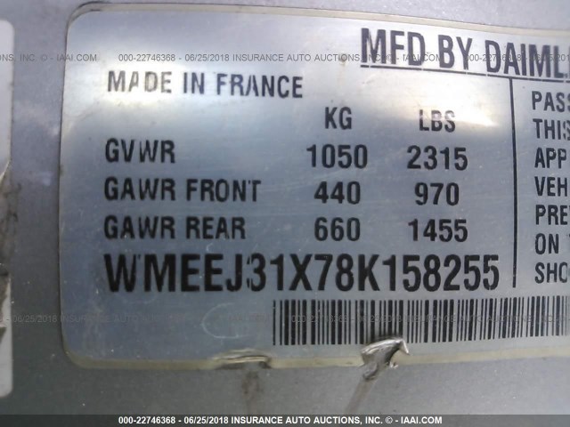 WMEEJ31X78K158255 - 2008 SMART FORTWO PURE/PASSION SILVER photo 9