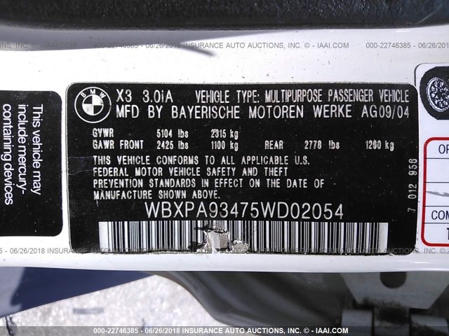 WBXPA93475WD02054 - 2005 BMW X3 3.0I WHITE photo 9