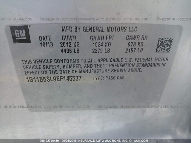 1G11B5SL9EF145537 - 2014 CHEVROLET MALIBU LS ვერცხლისფერი ფოტო 9