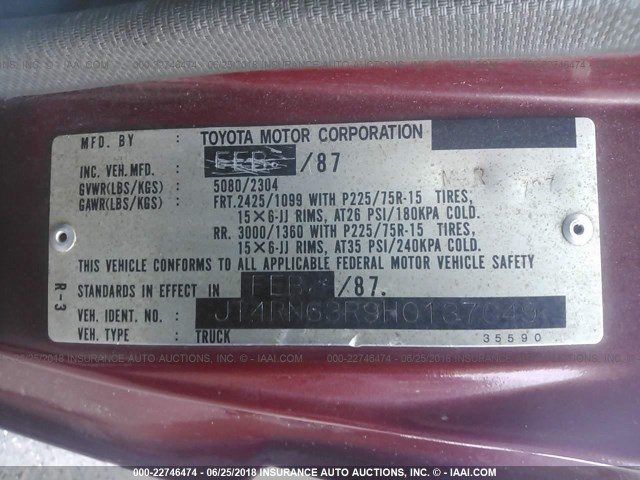 JT4RN63R9H0137049 - 1987 TOYOTA PICKUP RN63 STD MAROON photo 9