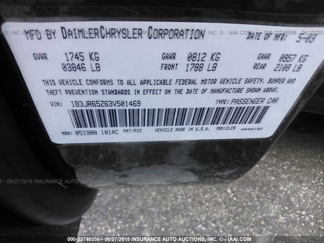 1B3JR65Z63V501469 - 2003 DODGE VIPER SRT-10 BLACK photo 9