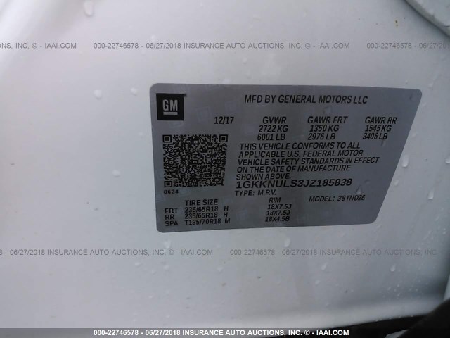 1GKKNULS3JZ185838 - 2018 GMC ACADIA SLT-1 Biały zdjęcie 9