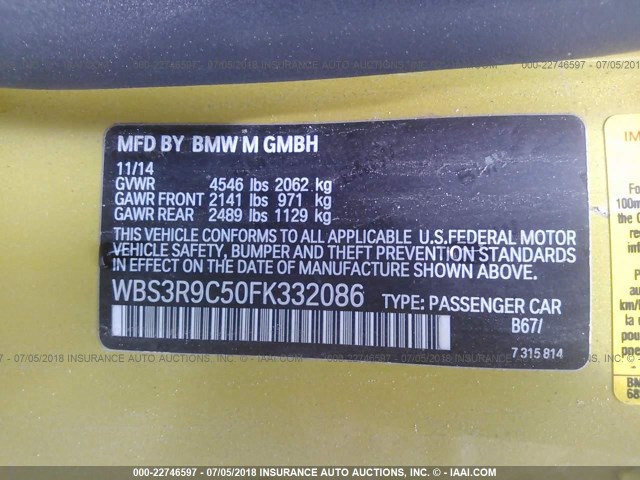 WBS3R9C50FK332086 - 2015 BMW M4 GOLD photo 9