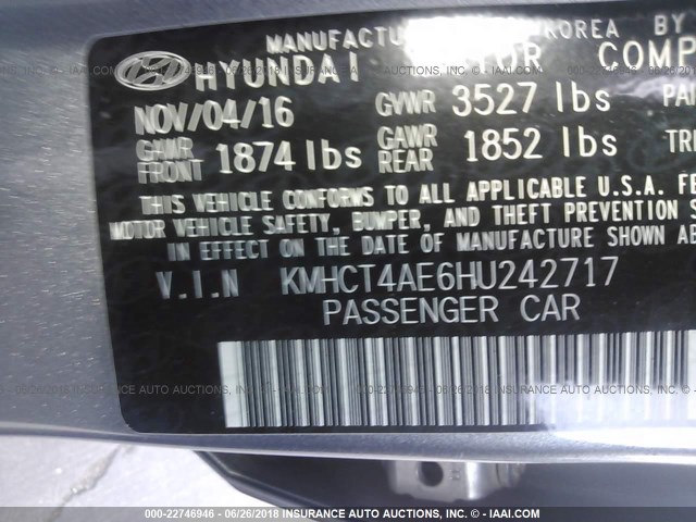 KMHCT4AE6HU242717 - 2017 HYUNDAI ACCENT SE GRAY photo 9